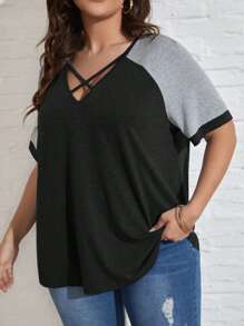 SHEIN LUNE 夏季拼色交叉前 T 恤 - 黑色 - 查看 3