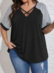 SHEIN LUNE 夏季拼色交叉前 T 恤 - 黑色 - 查看 6