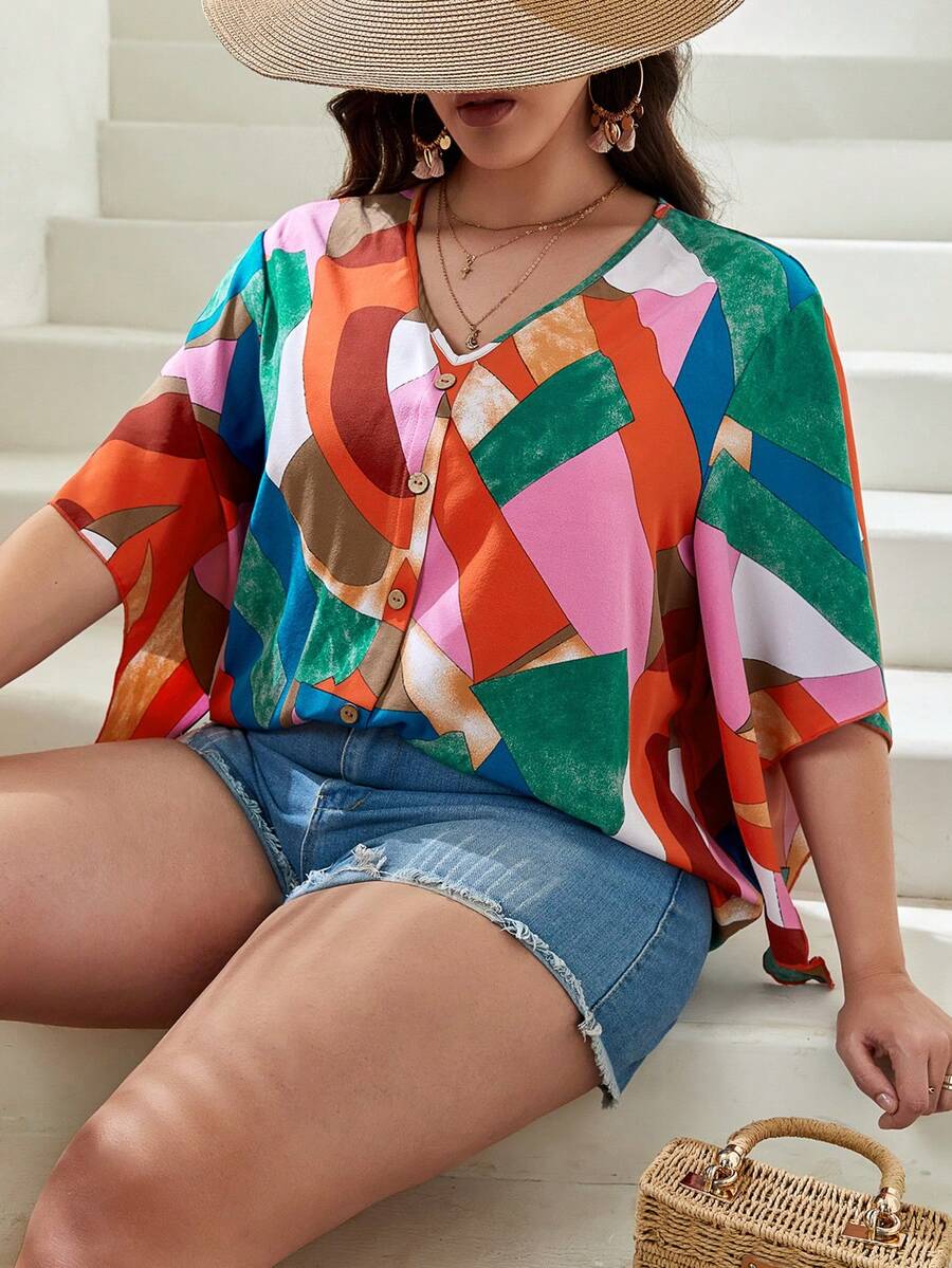 SHEIN VCAY Áo sơ mi Plus Size Nút phía trước Hình học Tất cả trên in Giải trí - Nhiều màu - Xem 1
