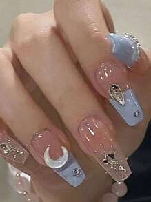 24pcs Full Cover Coffin Shape Fake Nails With 3D Moon Design & 1pc Double-Sided Nail Jelly Glue & 1pc Nail File Press On Nails Nail Supplies