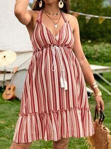 SHEIN Váy Bà bầu Lộ Lưng Dây kéo viền lá sen Viên lá sen Buộc lại Sọc Giải trí - Nhiều màu - Xem 5