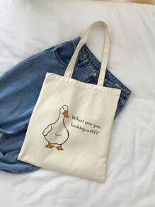 Canvas Shopper Bag Duck & Slogan Graphic Casual - Beige - View 6