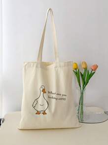 Canvas Shopper Bag Duck & Slogan Graphic Casual - Beige - View 7