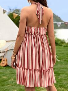 SHEIN Váy Bà bầu Lộ Lưng Dây kéo viền lá sen Viên lá sen Buộc lại Sọc Giải trí - Nhiều màu - Xem 2