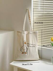 Canvas Shopper Bag Duck & Slogan Graphic Casual - Beige - View 8