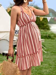 SHEIN Váy Bà bầu Lộ Lưng Dây kéo viền lá sen Viên lá sen Buộc lại Sọc Giải trí - Nhiều màu - Xem 1