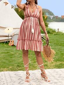 SHEIN Váy Bà bầu Lộ Lưng Dây kéo viền lá sen Viên lá sen Buộc lại Sọc Giải trí - Nhiều màu - Xem 4