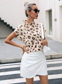 SHEIN Privé Leopard Print Batwing Sleeve Blouse - Beige - View 2