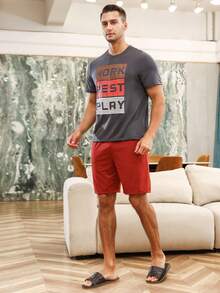 Men Letter Graphic PJ Set / Pajama Set - Multicolor - View 3