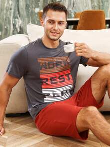 Men Letter Graphic PJ Set / Pajama Set - Multicolor - View 4