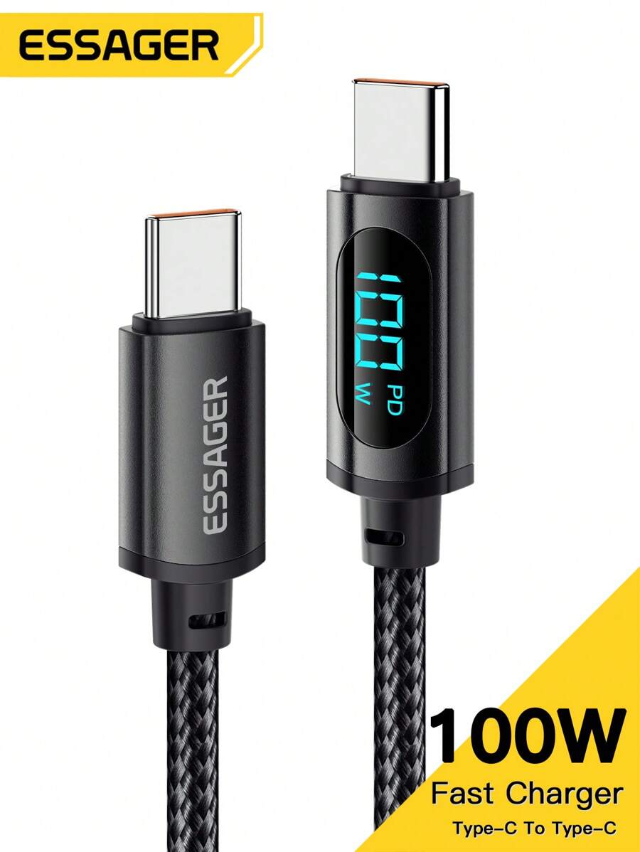 Essager PD 100W USB Type-C 转 USB C 7A 快速充电数据线 兼容 16、16 Pro Max、15、15 Plus、15 Pro、15 Pro Max，兼容小米，兼容 OnePlus Type C 锌合金 Nan - 黑色 - 查看 1