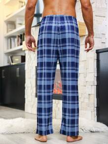 Hombres Pantalones de dormir con estampado de cuadros de cintura con cordón - Azul - Ver 3