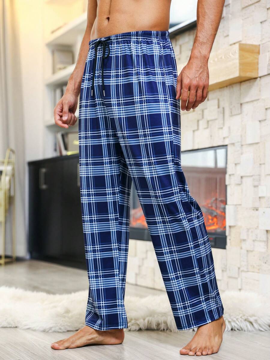Hombres Pantalones de dormir con estampado de cuadros de cintura con cordón - Azul - Ver 1