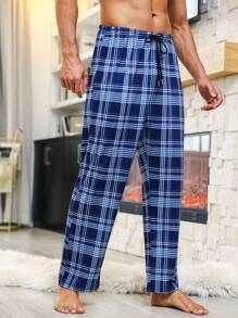 Hombres Pantalones de dormir con estampado de cuadros de cintura con cordón - Azul - Ver 4