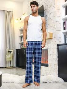 Hombres Pantalones de dormir con estampado de cuadros de cintura con cordón - Azul - Ver 5