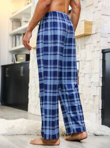 Hombres Pantalones de dormir con estampado de cuadros de cintura con cordón - Azul - Ver 6