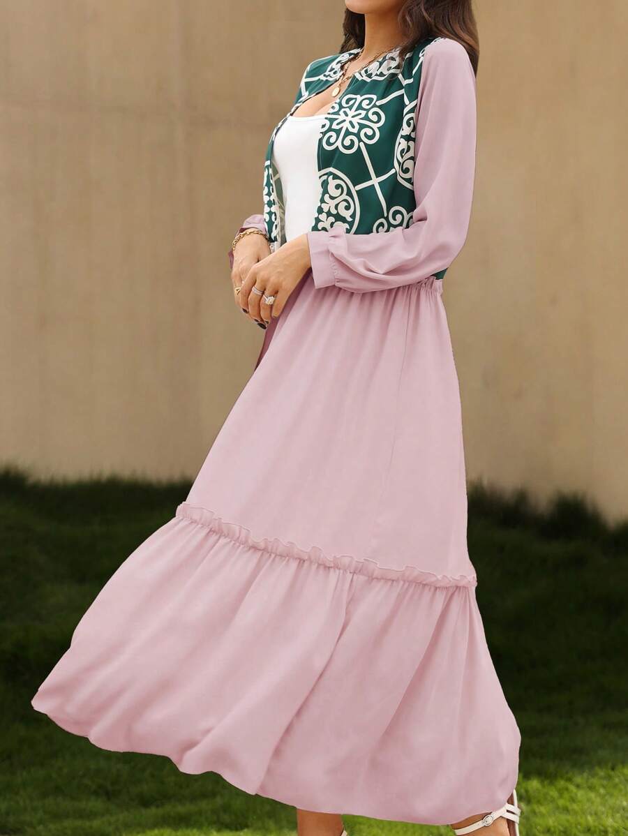 Al Najma Graphic Print Frill Trim Ruffle Hem Abaya - Pink - View 1