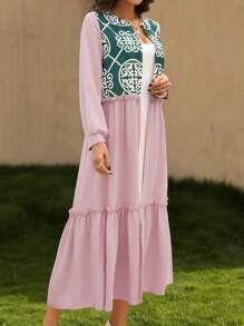 Al Najma Graphic Print Frill Trim Ruffle Hem Abaya - Pink - View 5