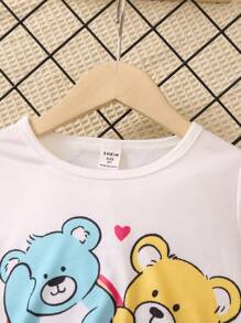 SHEIN 女小童卡通小熊印花短袖T恤和短褲套裝適合夏天 - 彩色 - 查看 4