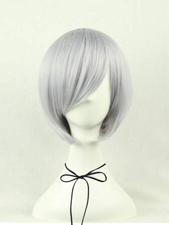 1入組灰色短直筒波波頭人造假髮帶劉海適合女士