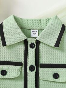 SHEIN 小女童撞色滾邊翻蓋細節襯衫和短褲 - 薄荷綠 - 查看 3