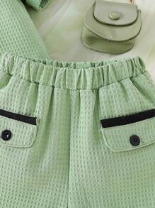 SHEIN 小女童撞色滾邊翻蓋細節襯衫和短褲 - 薄荷綠 - 查看 4