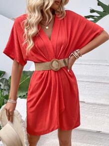 Breezaya Solid Batwing Sleeve Dress - Red - View 4
