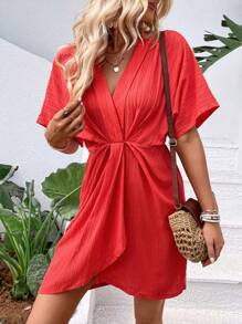Breezaya Solid Batwing Sleeve Dress - Red - View 5
