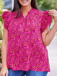 Plus Ditsy Floral Print Notched Neckline Butterfly Sleeve Blouse - Multicolor - View 1