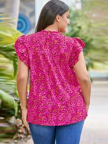 Plus Ditsy Floral Print Notched Neckline Butterfly Sleeve Blouse - Multicolor - View 2