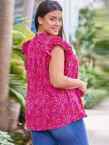 Plus Ditsy Floral Print Notched Neckline Butterfly Sleeve Blouse - Multicolor - View 5