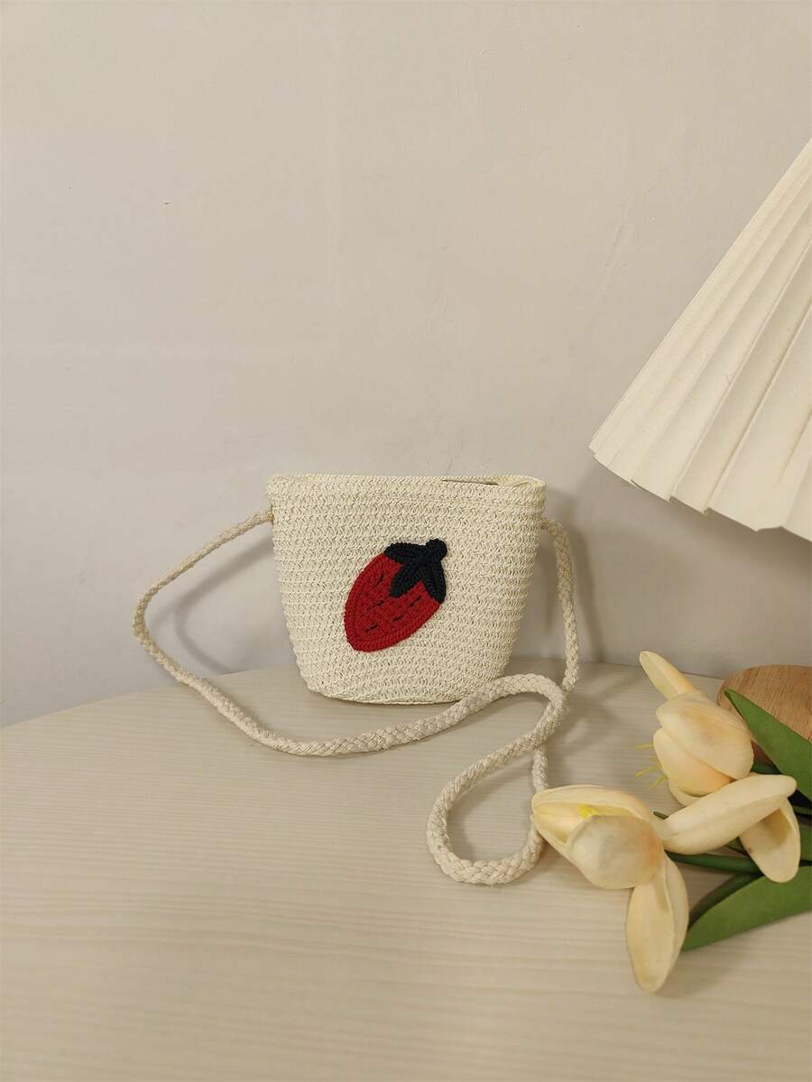 女孩草莓刺繡拉鍊度假草編包 - 白色 - 查看 1