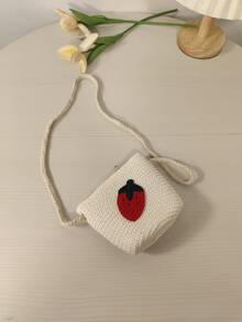 女孩草莓刺繡拉鍊度假草編包 - 白色 - 查看 2