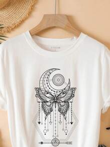 INAWLY Moon & Butterfly Print Tee Graphic Tees Women Tops - White - View 5