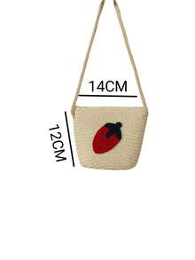 女孩草莓刺繡拉鍊度假草編包 - 白色 - 查看 3