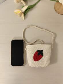 女孩草莓刺繡拉鍊度假草編包 - 白色 - 查看 4