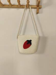 女孩草莓刺繡拉鍊度假草編包 - 白色 - 查看 7