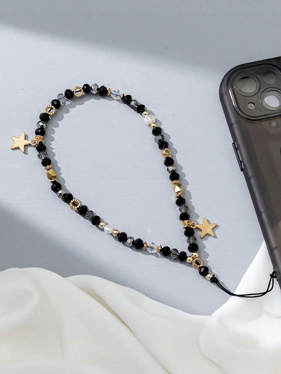 1pc Star Decor Beaded Phone Lanyard Gifts For Mother, Family, Friends, Birthday, Holiday Phone Charm, Phone Chain - Black - View 1