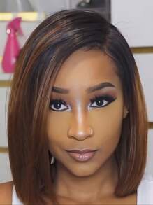 Phong Cách Âu Mỹ Đen Nâu Ombre Bên Phần Ngắn Thẳng Tổng Hợp Tóc Giả Dành Cho Nữ - Ombre - Xem 2