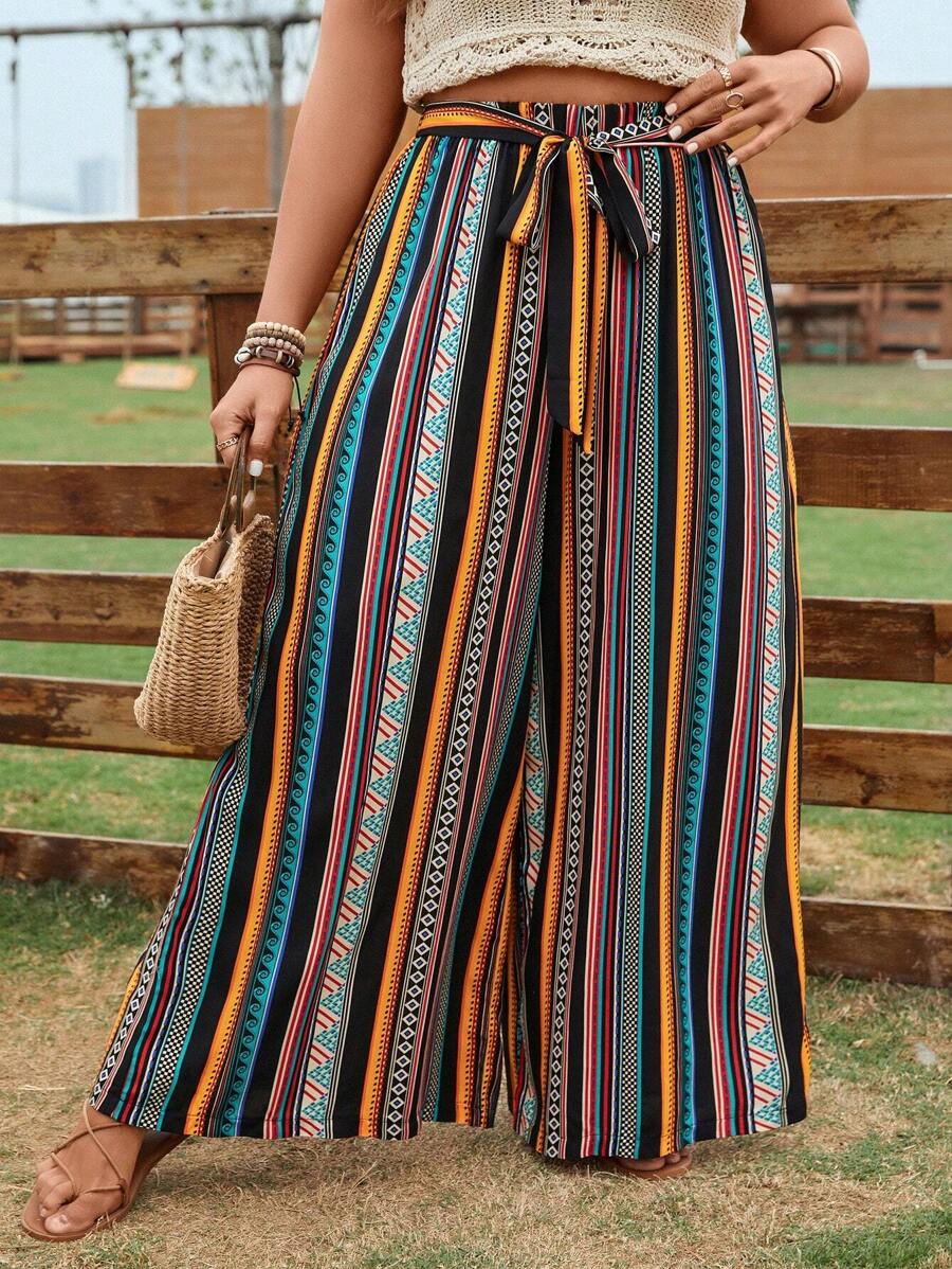 SHEIN Clasi Plus Geo Print Belted Wide Leg Pants - Multicolor - View 1