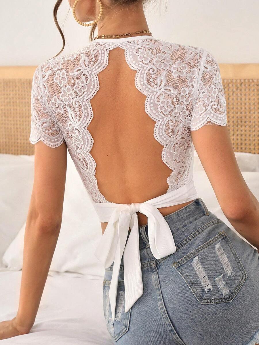 Firerie Áo thun nữ Lộ Lưng Buộc lại Tương phản ren màu trơn Giải trí - trắng - Xem 1