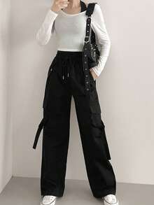 Pantalones cargo unicolor de cintura con cordón - Negro - Ver 4