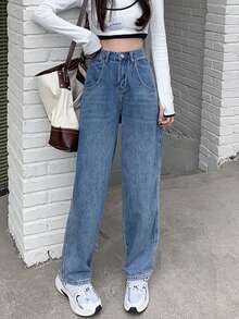 Jeans de pierna recta unicolor - Azul lavado medio - Ver 3