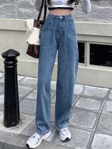 Jeans de pierna recta unicolor - Azul lavado medio - Ver 4