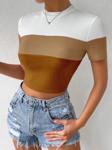 SHEIN EZwear Color Block Mock Neck Tee - Multicolor - View 5