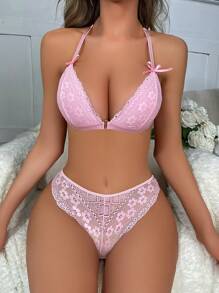 花卉蕾絲前蝴蝶結內衣套裝