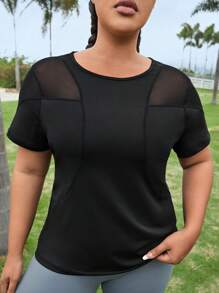 SHEIN Daily&Casual 大碼嵌入網紗運動T恤 - 黑色 - 查看 1