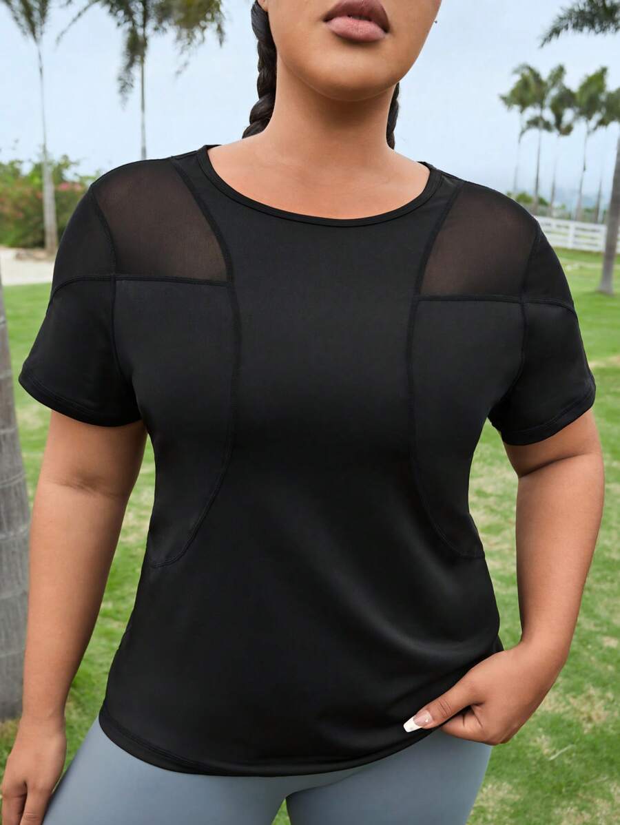SHEIN Daily&Casual 大碼嵌入網紗運動T恤 - 黑色 - 查看 1