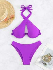 交叉吊脖比基尼泳裝 - 紫色 - 查看 4