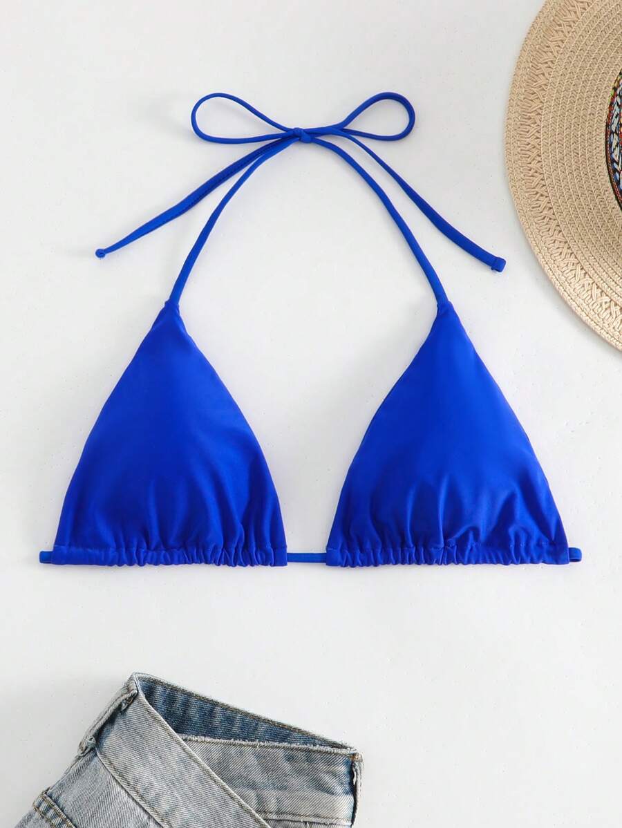 Swim Basics Summer Beach Solid Triangle Halter Bikini Top - Royal Blue - View 1
